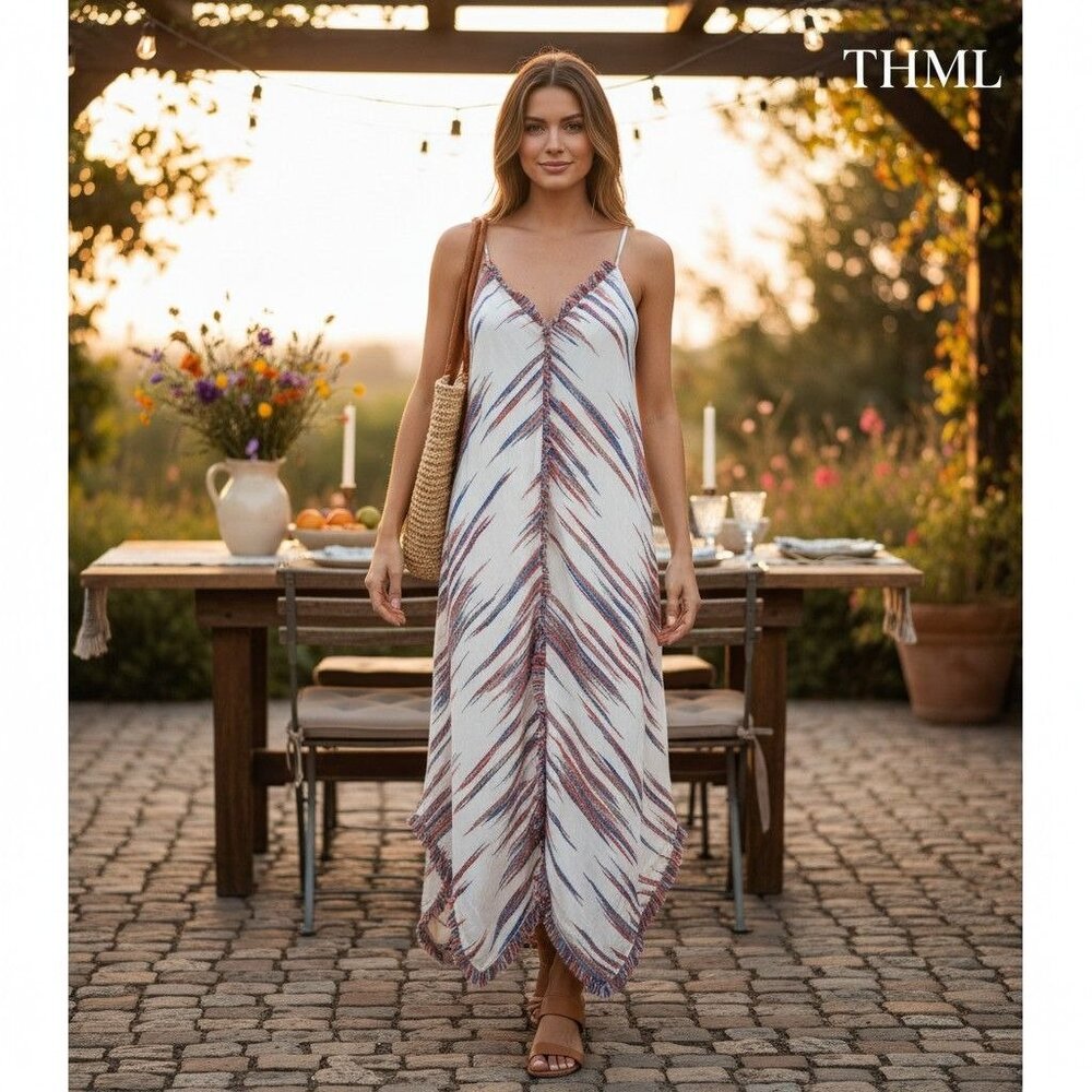 THML Multicolor Striped Sleeveless Fringe Hem Maxi Dress S - Picture 2 of 10